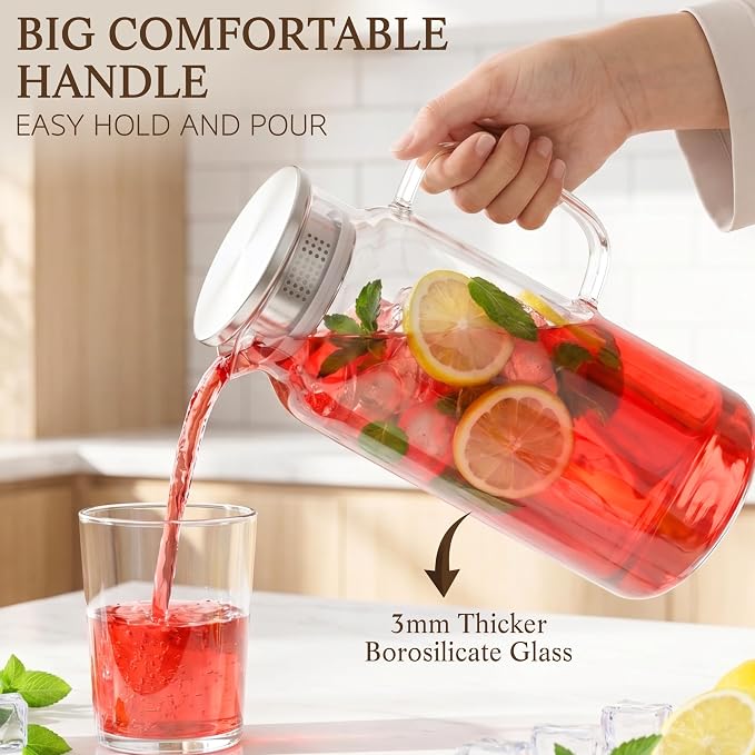 Glass Pitcher with Lid and Handle, 68oz 2 Liter Borosilicate Glass Water Pitcher - Image 3