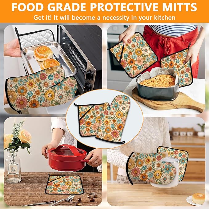 Boho Floral Oven Mitts and Pot Holders Sets 4Pcs, Extra Long Oven Gloves - Image 7