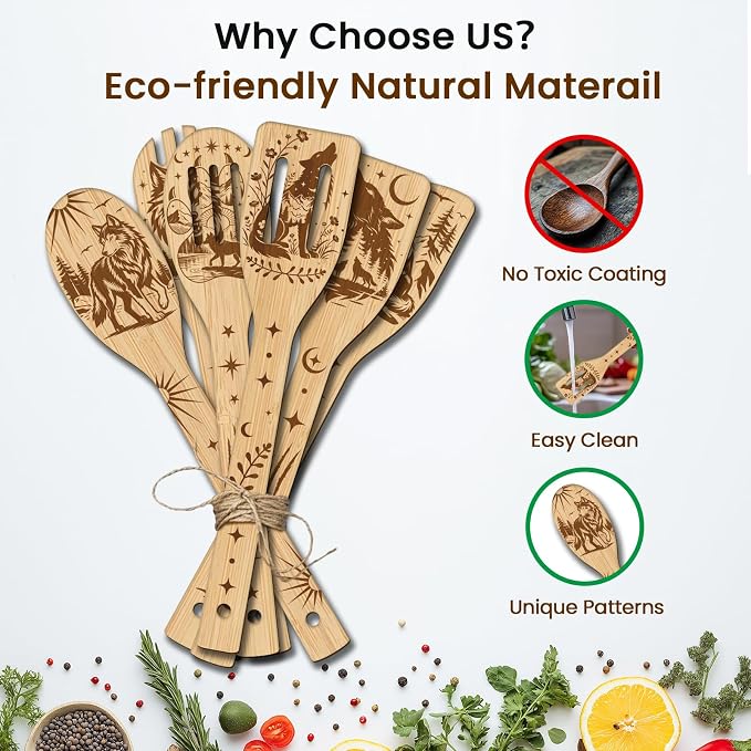 CUTHOLLOW 6PCS Wolves and Forest Wooden Kitchen Cooking Utensil Set, 11.9in Non - Image 3