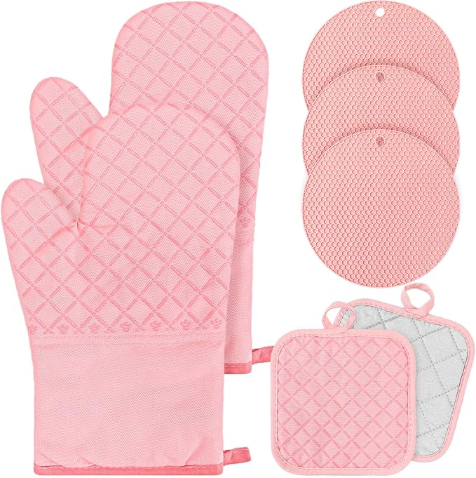 Sumind Pink Oven Mitts and Pot Holders 7 Sets, Heat Resistant Kitchen Gloves by Sumind