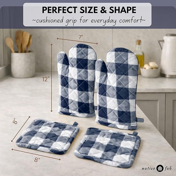 Native Fab Buffalo Plaid Check Oven Mitts and Pot Holders Set of 4, 100% Cotton - Image 7