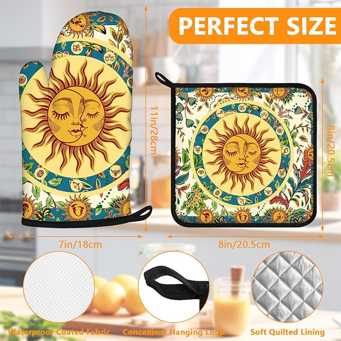 Sun and Moon Oven Mitts and Pot Holders Sets 4Pcs, Extra Long Oven Gloves - Image 2