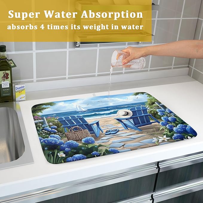 Summer Beach Dish Drying Mat 18x24 Inch Sea Shells Flowers Kitchen Mats Blue - Image 7