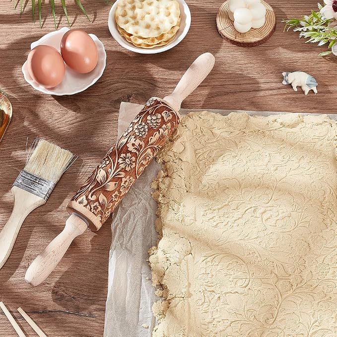 Embossed Wooden Rolling Pin Darker 3D Flower Rattan 35cm Rolling Pin - Image 4