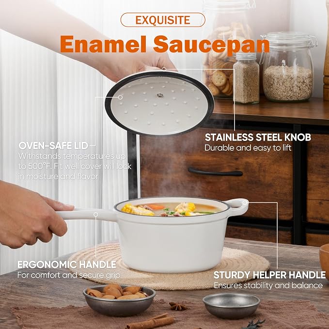 Homikit 1 QT & 2 QT Saucepan Set, Enameled Cast Iron Saucepan - Image 6