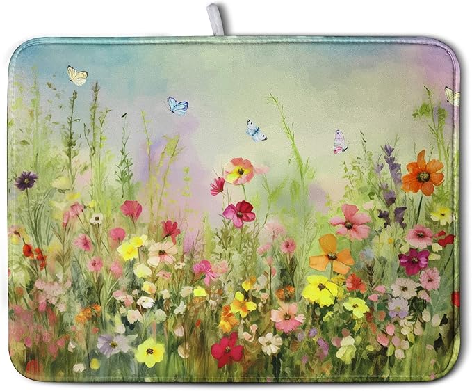 Spring Floral Dish Drying Mat for Kitchen Counter 18x24 Inch Sage Green Wild by Kwlegh