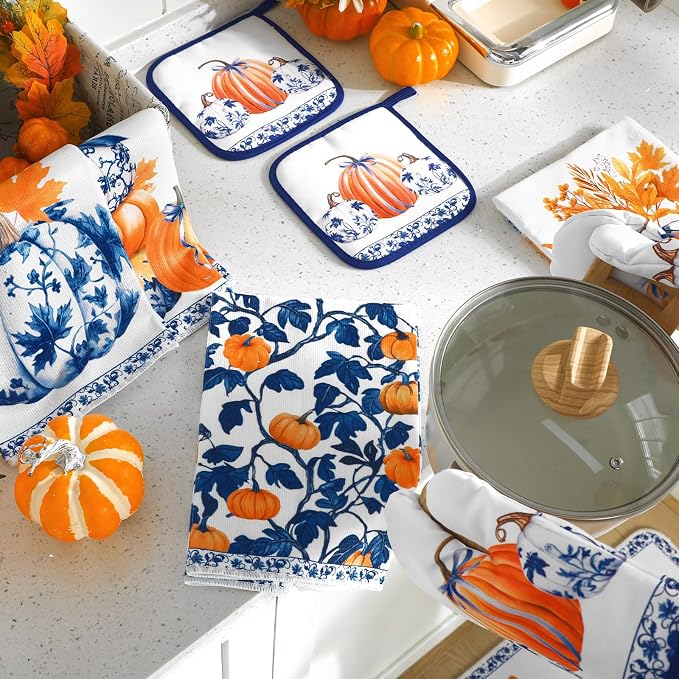 Fanfanwin 10 Pcs Thanksgiving Pumpkin Kitchen Decor Set Kitchen Towels Pot - Image 7