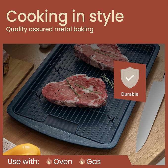 Cookie Sheet with Wire Rack Set, 2-Piece Nonstick Blue Marble Carbon Steel Pan - Image 3