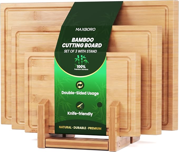 Bamboo Cutting Board Set of 3, Durable Wooden Chopping Boards by Maxboro