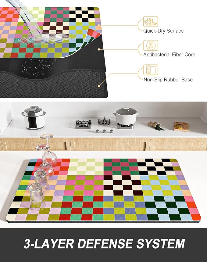 Rnivvi Dish Drying Mat for Kitchen Counter, XL 15 x 24" Cute Checkered - Image 4