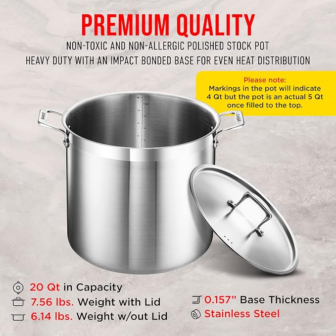 Stainless Steel Stockpot with Lid 20 Quart, Durable 18/8 Stainless Steel - Image 6