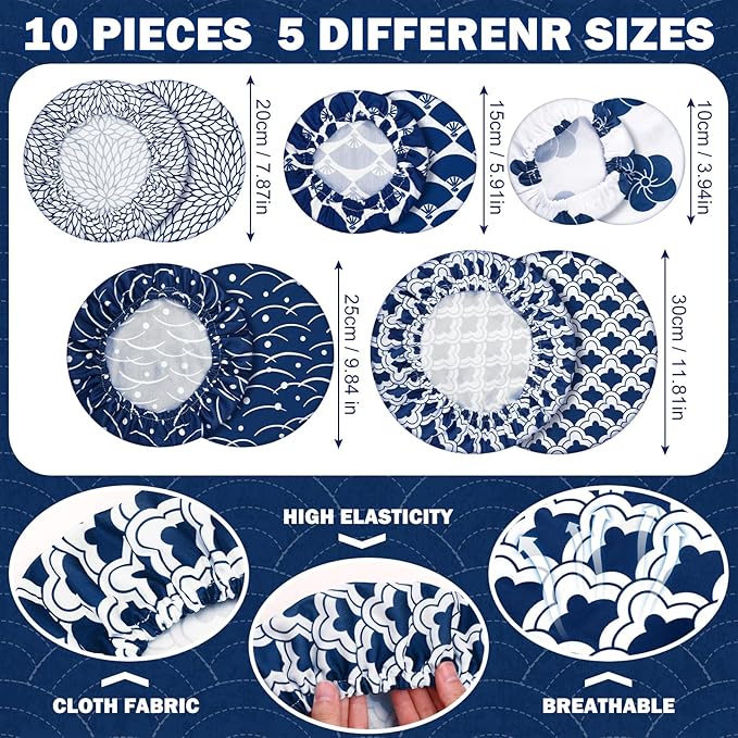 Patelai 10 Pcs Bowl Covers Reusable in 5 Size Stretch Cloth Fabric Elastic Food - Image 2