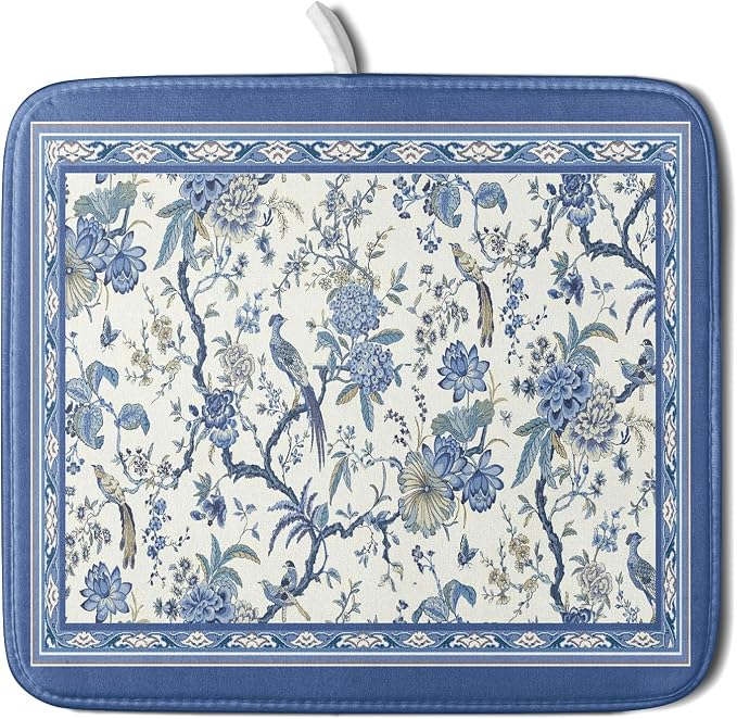 Giwawa Chinoiserie Dish Drying Mat 16x18in Blue White Oriental Floral Birds by Giwawa