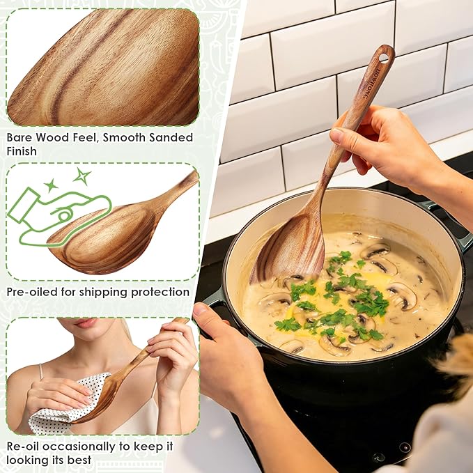 HOWHONG Corner Spoon Wooden Cooking Utensil, Long Handle Acacia Wood Spoon - Image 3