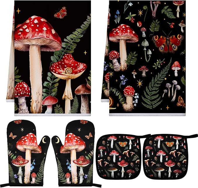 Bencailor 6 Pcs Mushroom Kitchen Towels Oven Mitts and Pot Holders Set by Bencailor