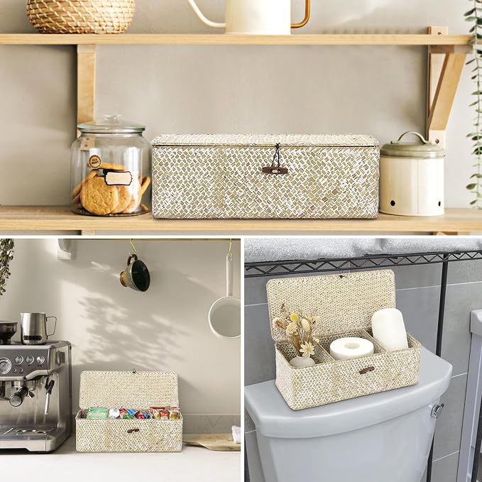 Hipiwe Seagrass Storage Basket Bin 3 Sections Hand-Woven Wicker Baskets - Image 4