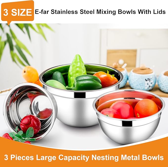 E-far Mixing Bowls with Lids, 6-Piece Stainless Steel Salad Bowls Metal Nesting - Image 3