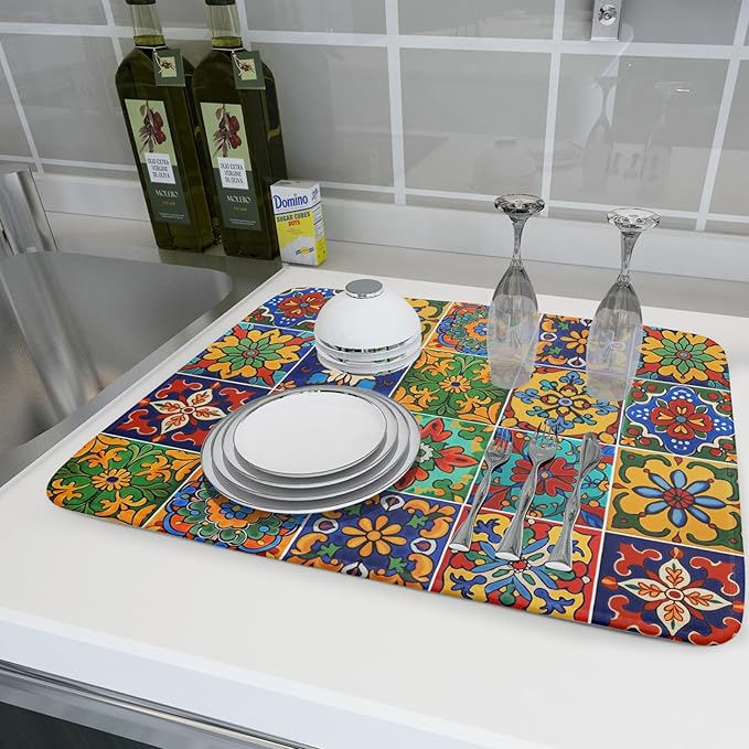 Mexican Tiles Dish Drying Mat for Kitchen Counter Absorbent Microfiber Dish - Image 6