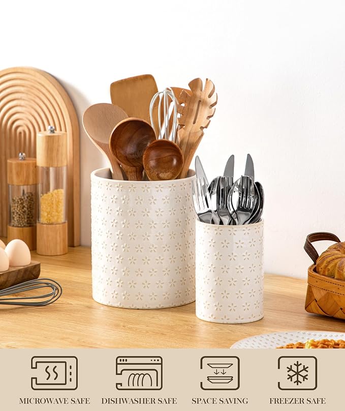 MALACASA LYDIA Ceramic Utensil Holders, 7.3"+5.5" Kitchen Utensil Crock Set - Image 4