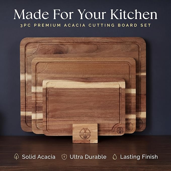 Pre-Oiled, Non Toxic 3-Piece Acacia Cutting Board Set - Image 2