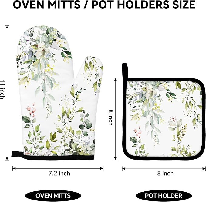Eucalyptus Leaves Oven Mitts and Pot Holders Sets Sage Green Botanical Floral - Image 2