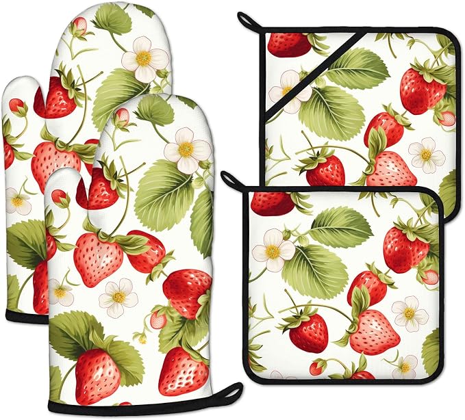 Red Strawberry Flower Oven Mitts and Pot Holders Sets Heat Resistant 4Pcs by ANTJOO