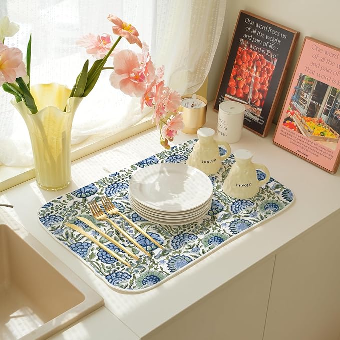 Boho Navy Blue Sage Green Dish Drying Mat 18x24 Inch Vintage Floral Drying Mat - Image 7