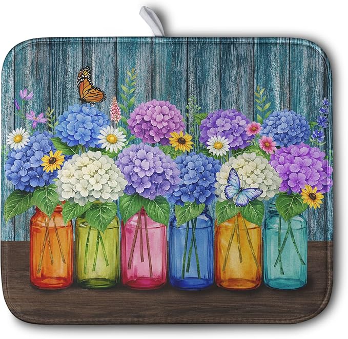 Hydrangea Dish Drying Mat Spring Summer Floral Jars Kitchen Drying Mats by Kwlegh