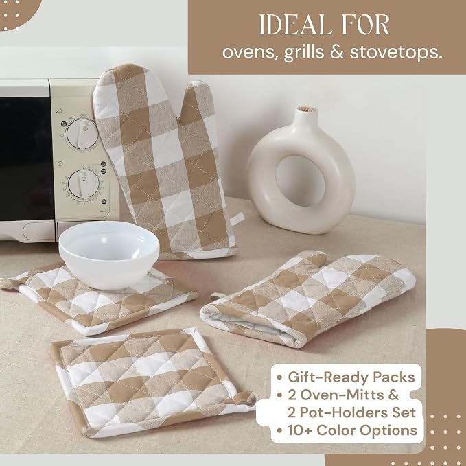 Buffalo Plaid Check Oven Mitts and Pot Holders Set, 100% Cotton, Heat Resistant - Image 7