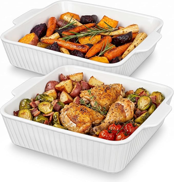 10" Square Ceramic Casserole Dish Set of 2-2.6 Qt Deep Baking Dishes by cikiciki