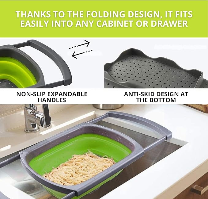 3PCS Green Foldable Kitchen Strainer Set – Silicone Colander Collapsible - Image 7