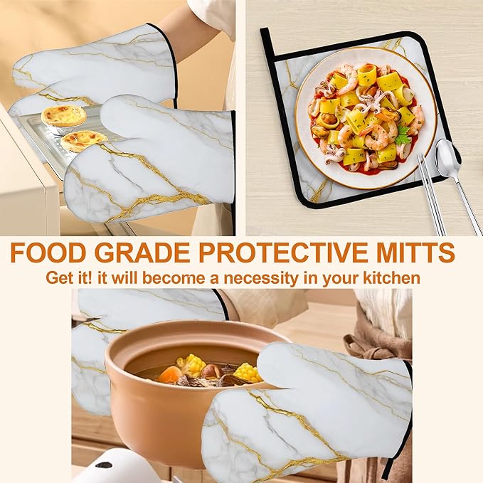 White Gold Marble Oven Mitts and Heat Resistant Pads - Image 5