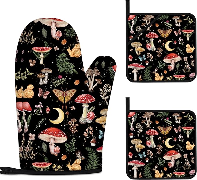Mushroom Oven Mitts and Pot Holders Sets Cute Oven Gloves Heat Resistant 4 Pcs by Kupenya