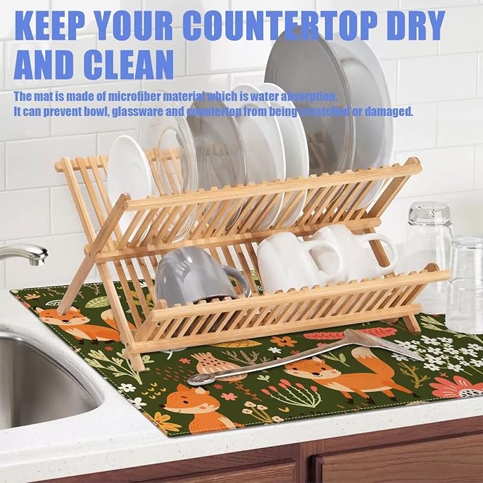 Cute Fox Dish Drying Mat for Kitchen Counter Animals Drying Pad Absorbent - Image 5