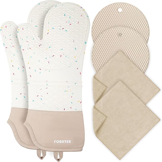 Extra Long Oven Mitts and Potholders 6Pcs Set, 500°F Heat Resistant Kitchen by FORATER