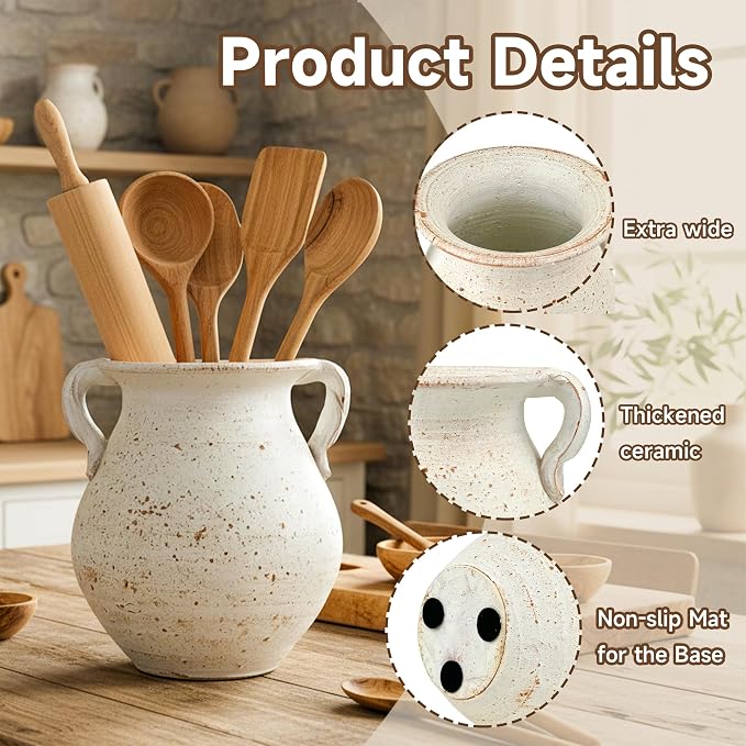 Rustic Kitchen Utensil Holder for Countertop, 7.6x4.9In Large Ceramic Cooking - Image 4