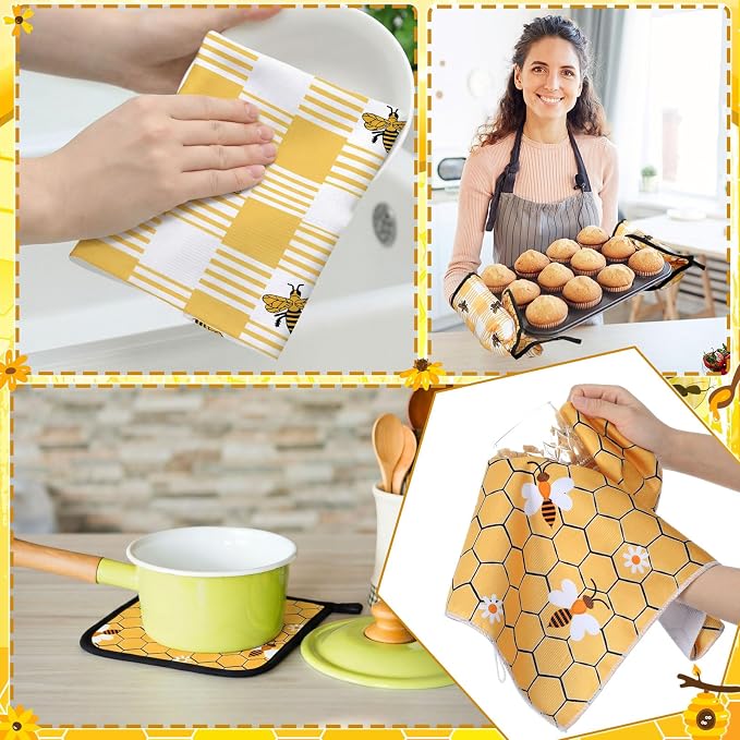 Fourluoo 10 Pcs Bee Themed Kitchen Decor Set Dish Towels Kitchen Rugs Oven - Image 4