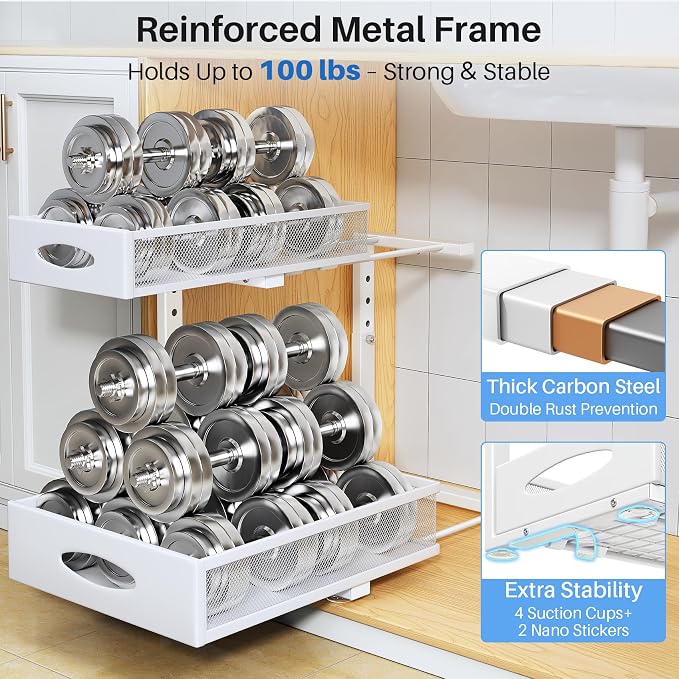Under Sink Organizer, 2 Pack 2 Tier Pull Out Under Cabinet Organizer Shelf - Image 7