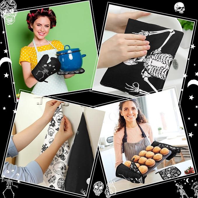 Leinuosen 8 Pcs Skull Kitchen Decor Set Kitchen Towels Gothic Oven Mitts and - Image 6
