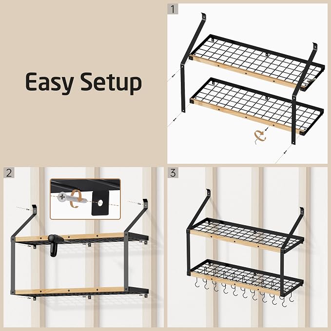 KES 132lb Heavy Duty Hanging Pot Rack Wall Mounted, 34 Inch Solid Wood Pot Rack - Image 8