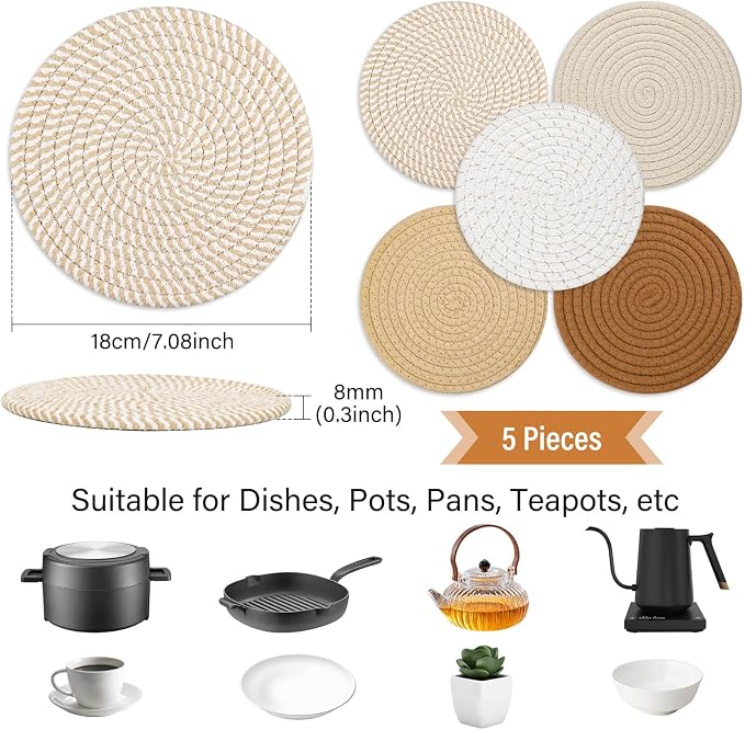 Tidponra Trivet Mats Set for Hot Dishes, 5 Heat Resistant Pot Holders for - Image 2