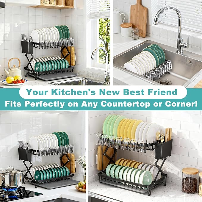 2-Tier Dish Racks for Kitchen Counter, Stainless Steel Kitchen Dish Drying Rack - Image 8