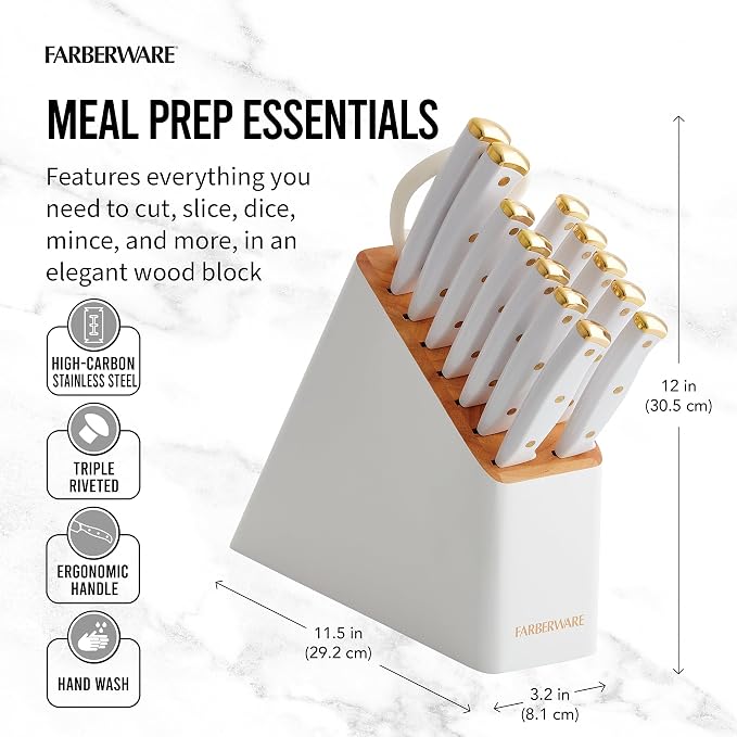 Farberware 14-Piece Knife Block Set, High-Carbon Stainless Steel, Triple-Riveted - Image 4