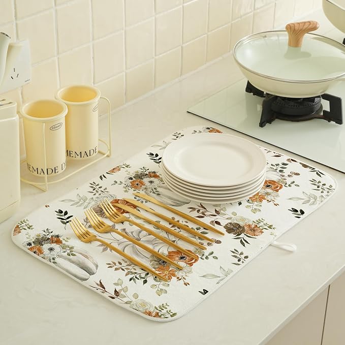 Fall Dish Drying Mat 18 x 24 inch Thanksgiving Autumn Watercolor Pumpkin Maple - Image 4
