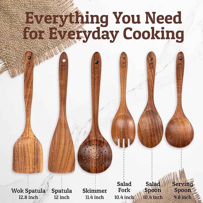 PriorityChef Wooden Spoons for Cooking, Premium 6pc Teak Wood Utensil Set - Image 4