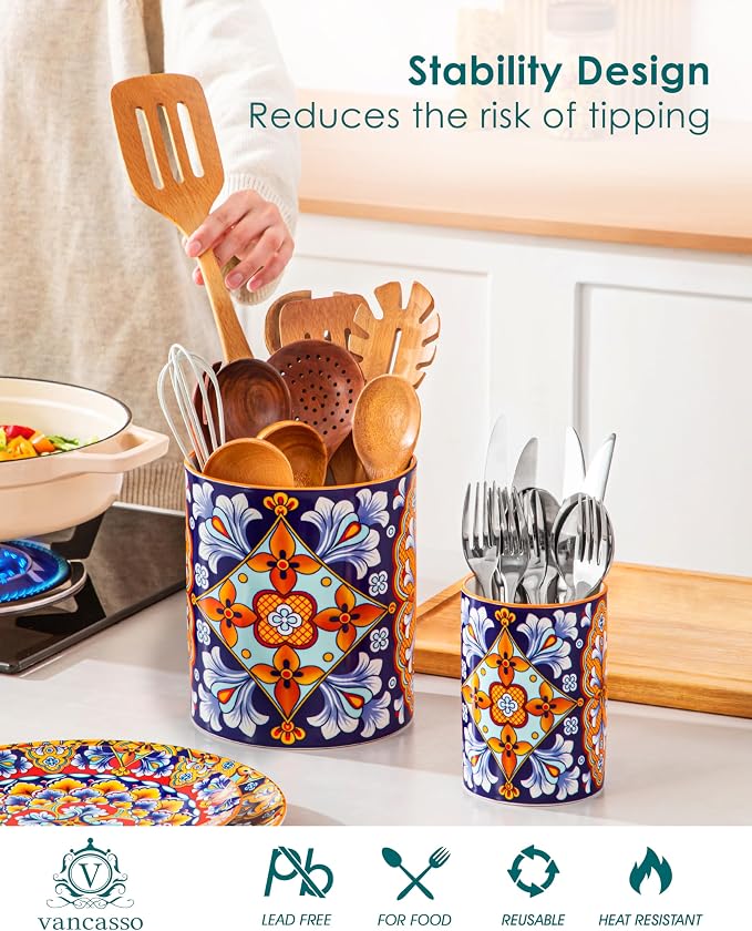 vancasso SIMI Utensil Holder, 7.3"+5.5" Porcelain Kitchen Utensil Holder - Image 3
