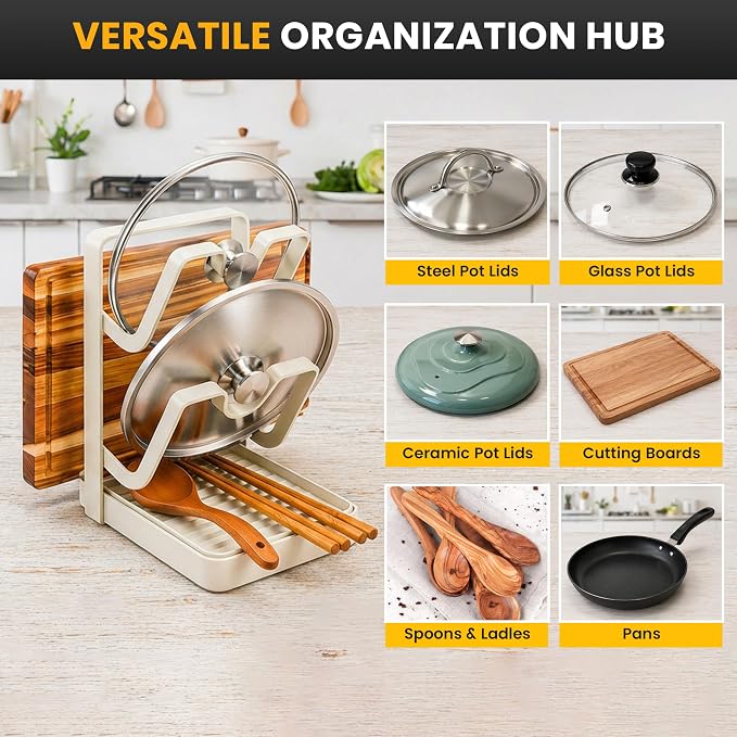 Pot Lid Holder with Removable Drip Tray, Kitchen Pot Lid Storage Rack - Image 4