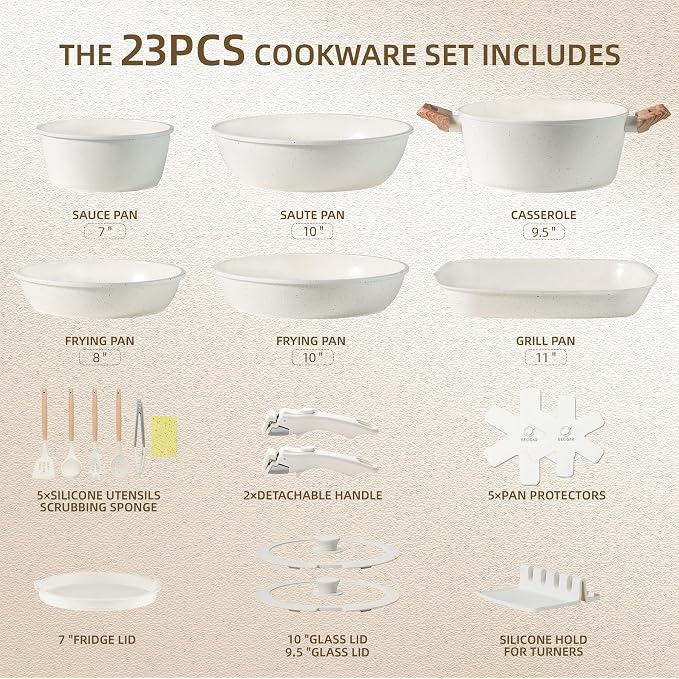 BECIGAR 23PCS Ceramic Pots and Pans Set, Removable Handle Pots and Pans Set - Image 2