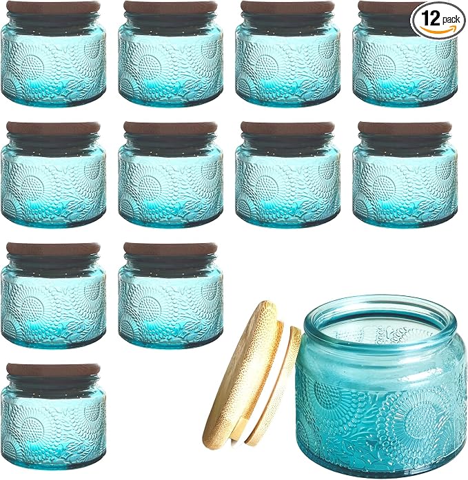 4 oz Blue Mini Glass Jars with Airtight Bamboo Lids 12 pack, Decorative Small by LINGSHINE