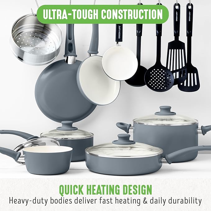 GreenLife 16 Piece Nonstick Cookware Set, Soft Grip Non-Toxic PFAS-Free Ceramic - Image 5